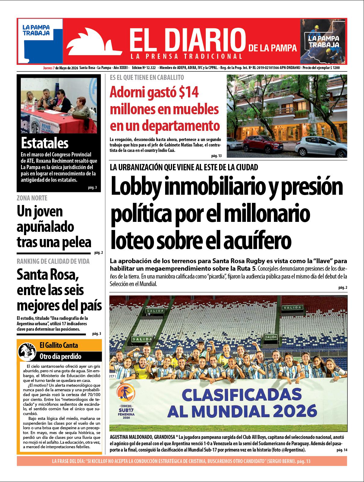Tapa de El Diario en papel  jueves 07 de mayo de 2026